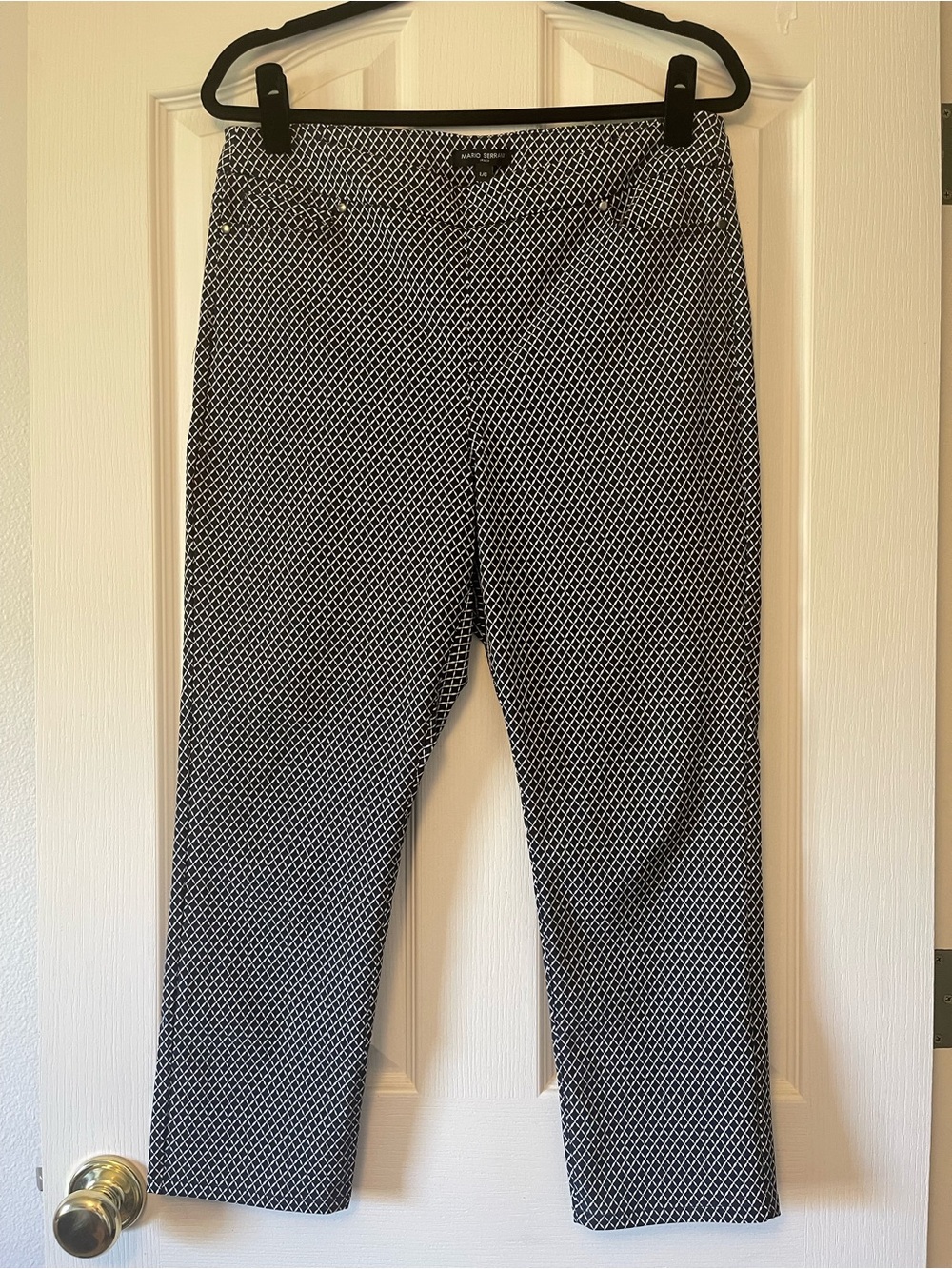 Mario Serrani Navy Blue and White Geometric Ankle Crop Chinos